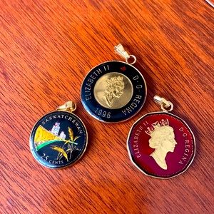 3 Canadian coins enameled pendants